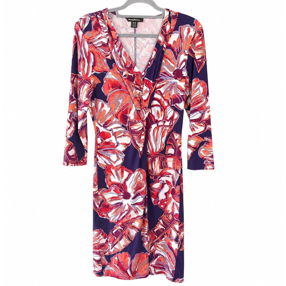 Tommy Bahama Womens Medium Dress Purple Tropical Floral Slimming Vacation Casual
